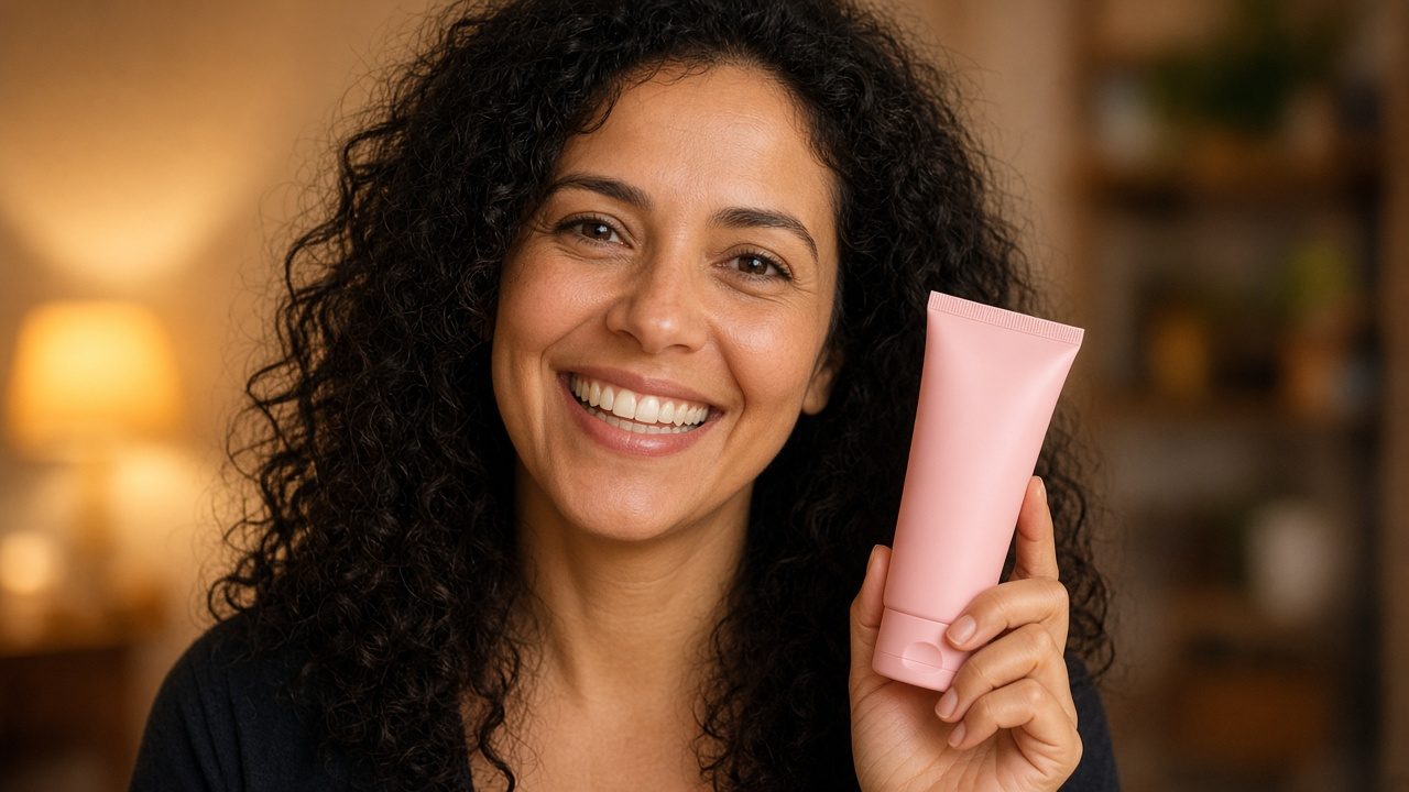 Mulher de 35 anos mostrando um produto