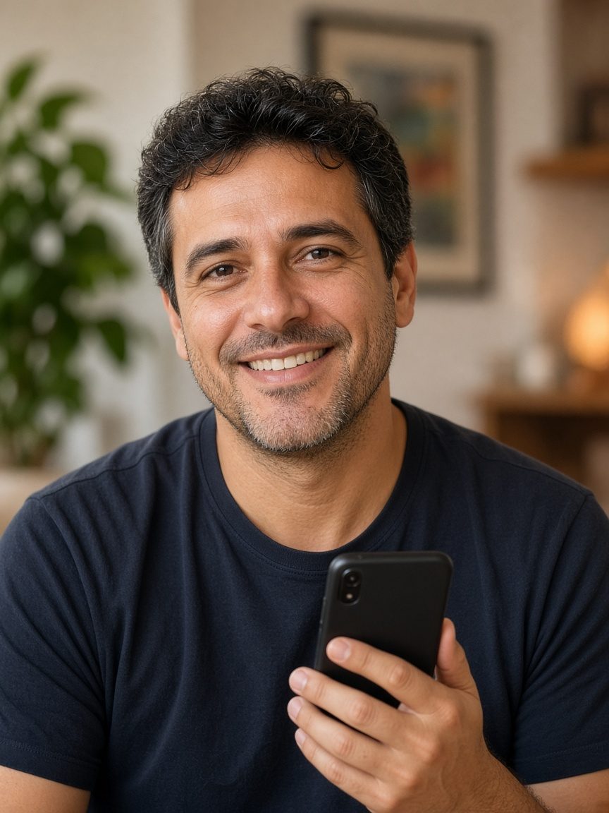 Homem de cerca de 40 anos sorrindo com o celular