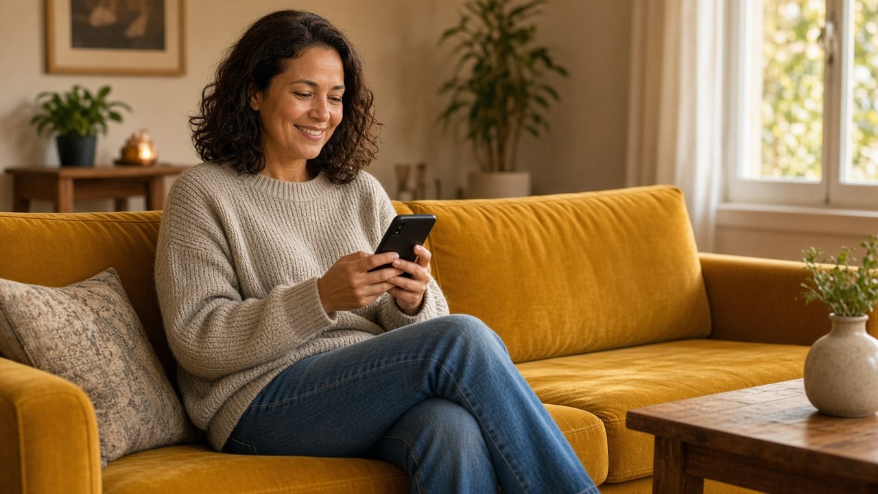 Mulher de cerca de 45 anos no sofá olhando o celular